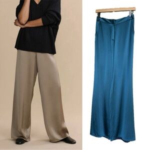 Jenni Kayne Wide-Leg 100% Silk Pants in Teal
